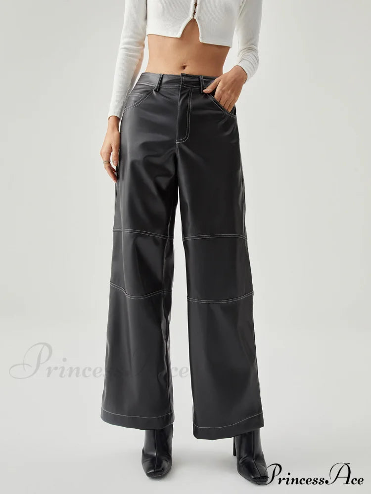 Contrast Stitch Leather Trendy Wide Leg Pants Black / Xs