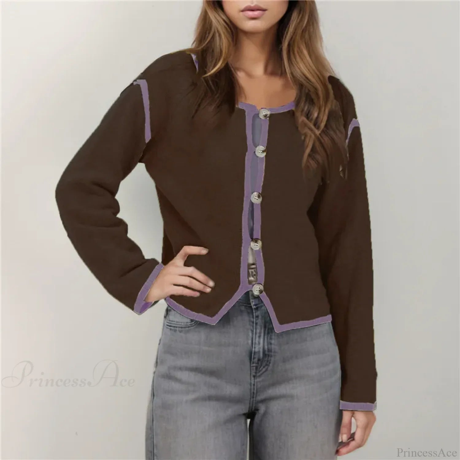 Contrast Stitching Long Sleeve Button Cardigan Dark Brown / S
