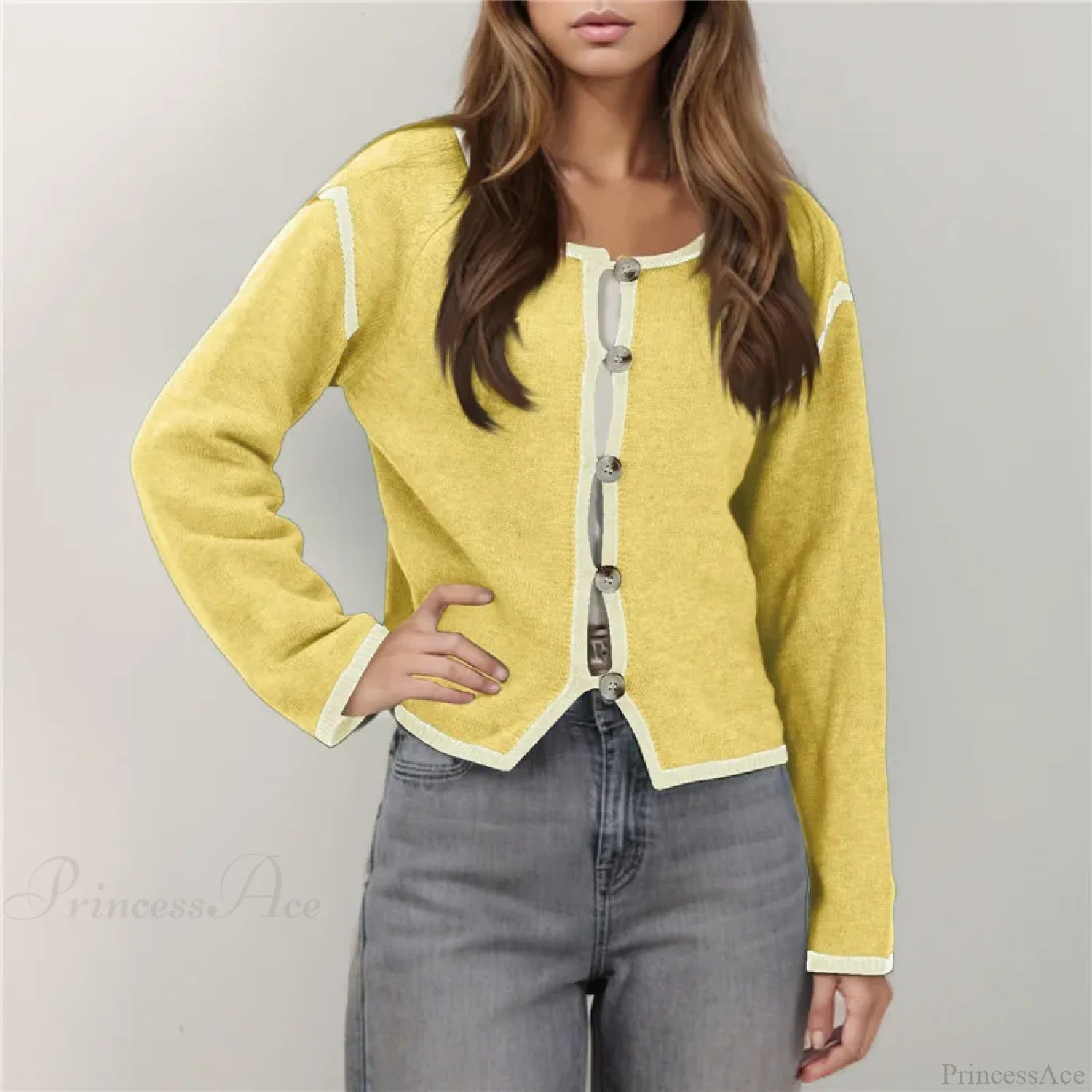 Contrast Stitching Long Sleeve Button Cardigan Yellow / S