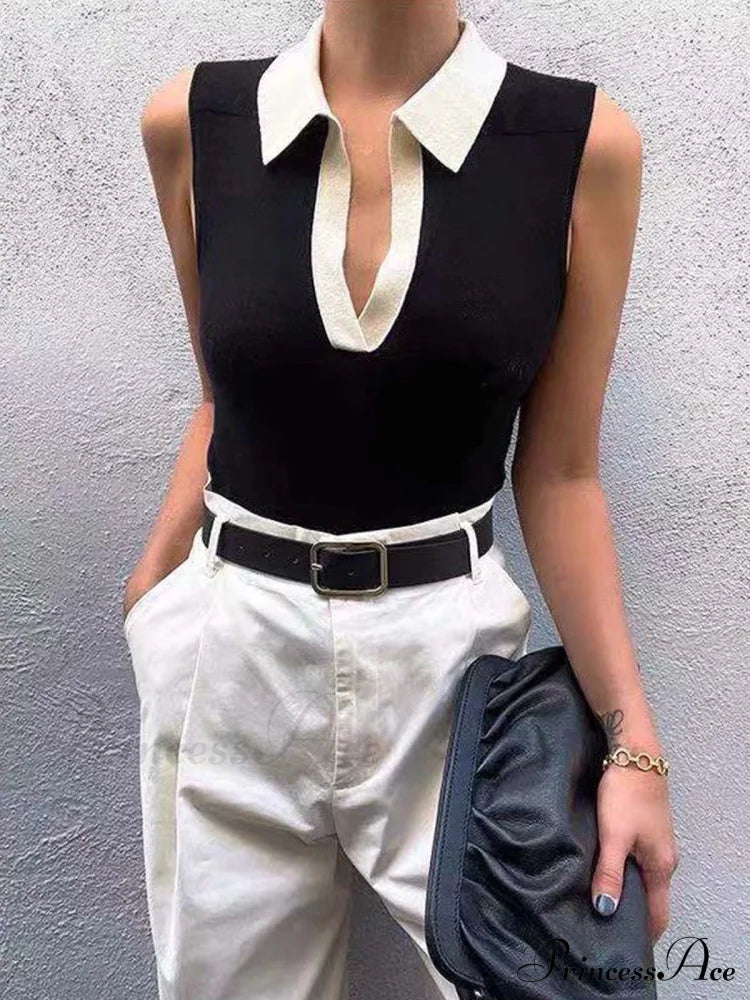 Contrast Trim Collar Trendy V-Neck Knit Sweater Vest Black / Xs Sweaters-L