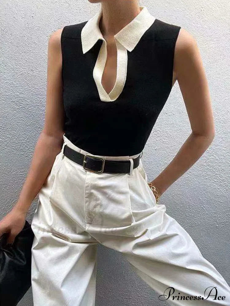 Contrast Trim Collar Trendy V-Neck Knit Sweater Vest Sweaters-L