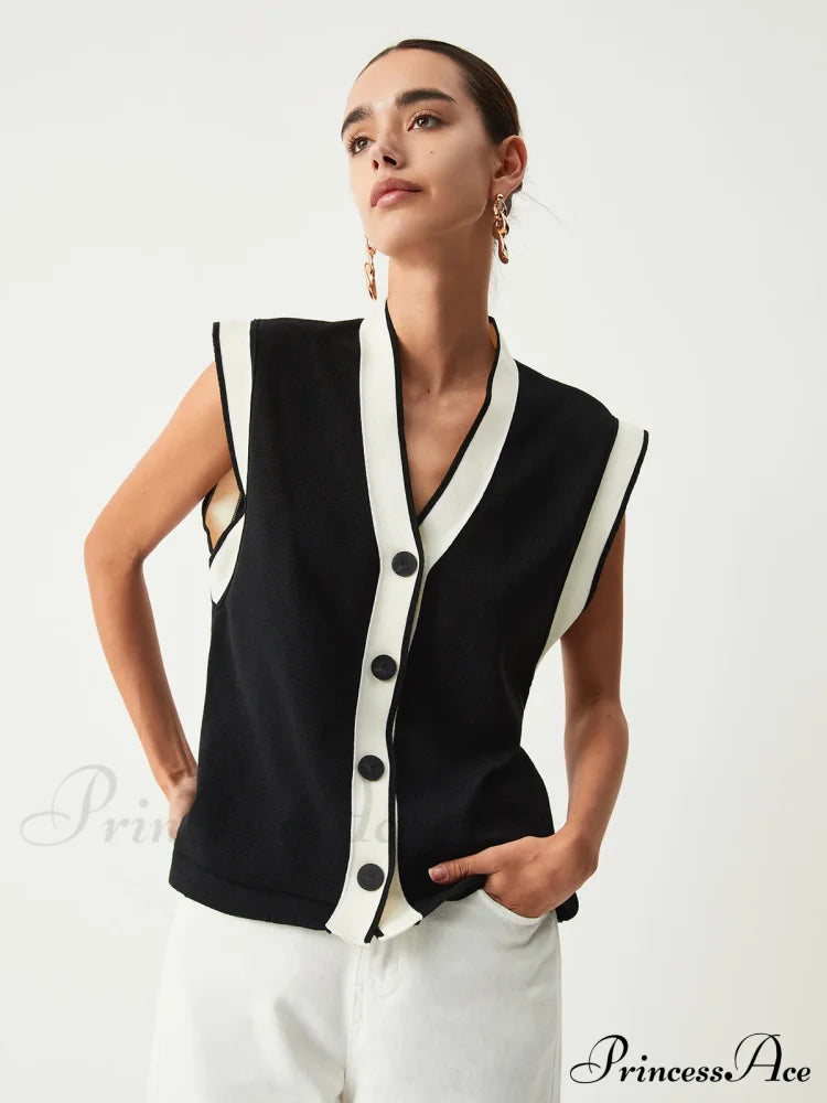 Contrast Trim Graceful Sweater Vest Sweaters-L