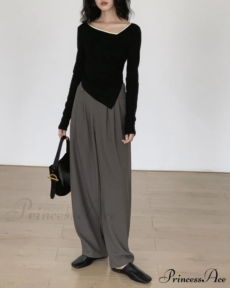 Contrast Trim Long Trendy Sleeve Asymmetrical Top T-Shirts