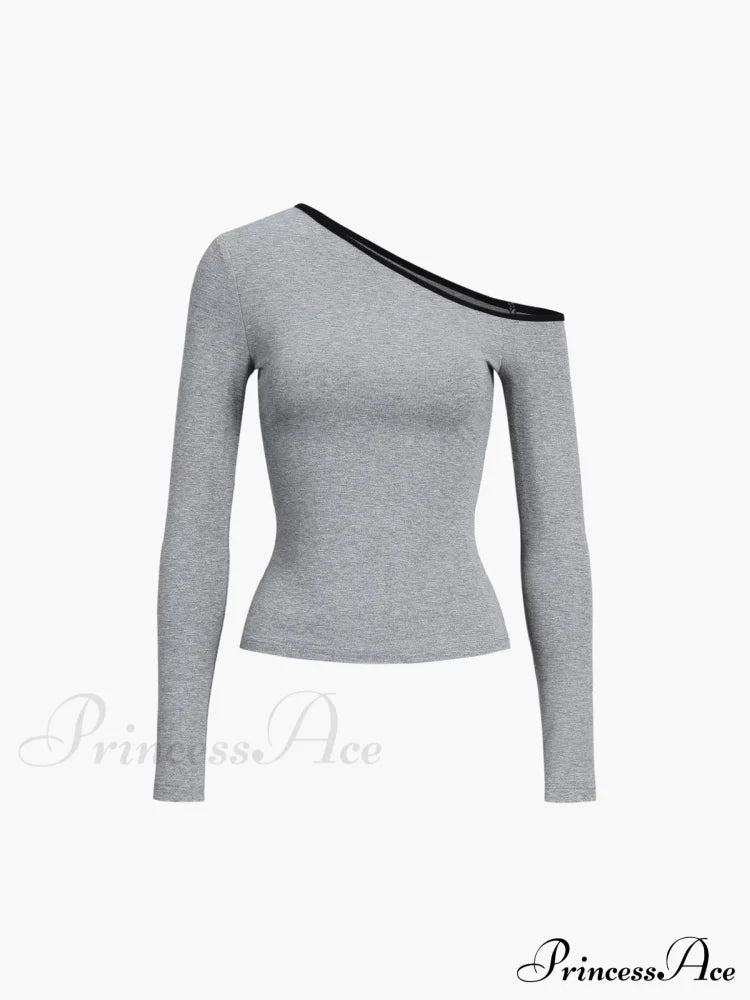 Contrast Trim Off Trendy Shoulder Long Sleeve Shirt Grey / Xs T-Shirts