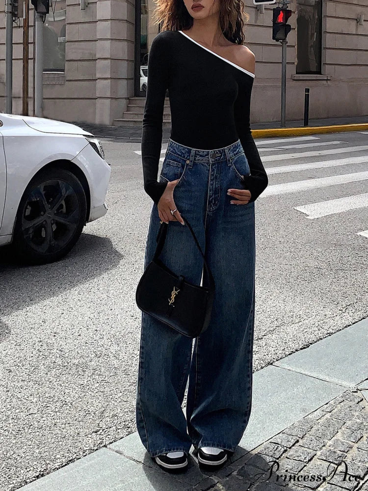 Contrast Trim Off Trendy Shoulder Long Sleeve Shirt T-Shirts