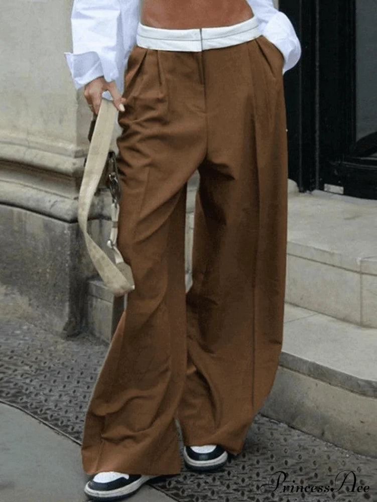 Contrast Waist Graceful Pleated Tailored Pants Brown / S