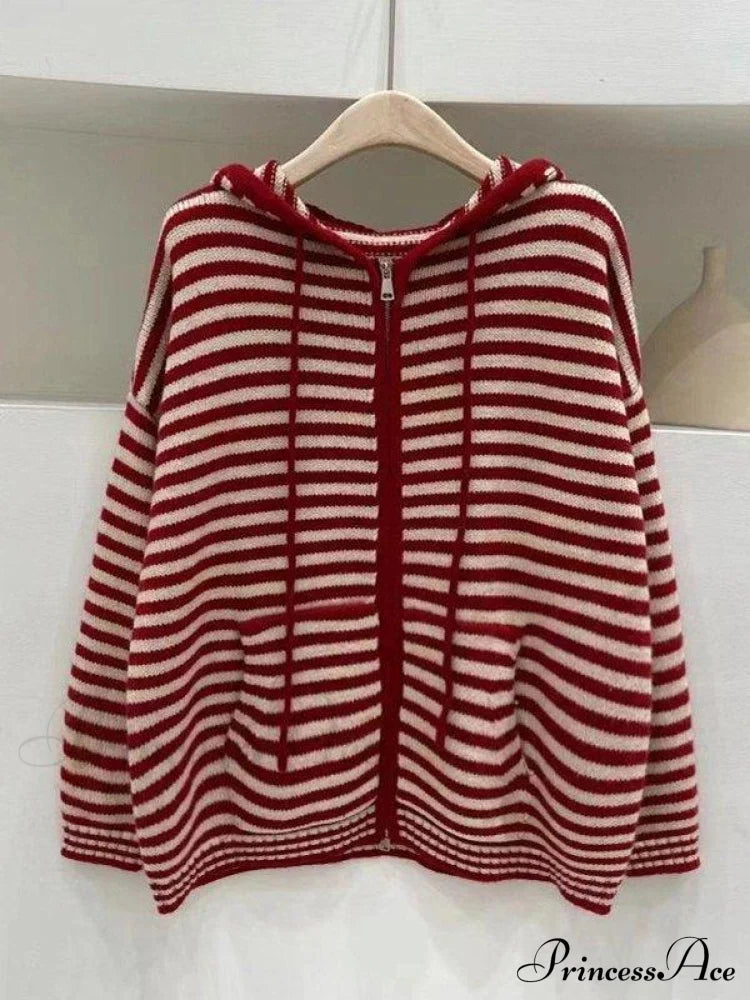 Contrasting Colors Striped Hooded Zipper Sweater Cardigan Casual Long-Sleeved Loose Hoodie Sweaters