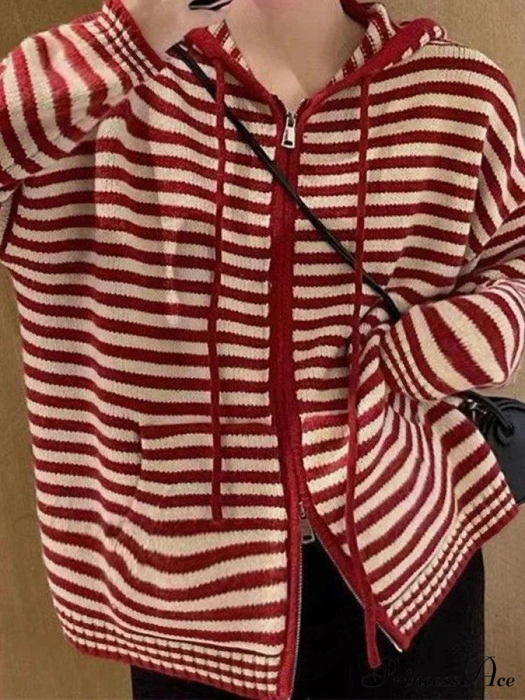 Contrasting Colors Striped Hooded Zipper Sweater Cardigan Casual Long-Sleeved Loose Hoodie Sweaters