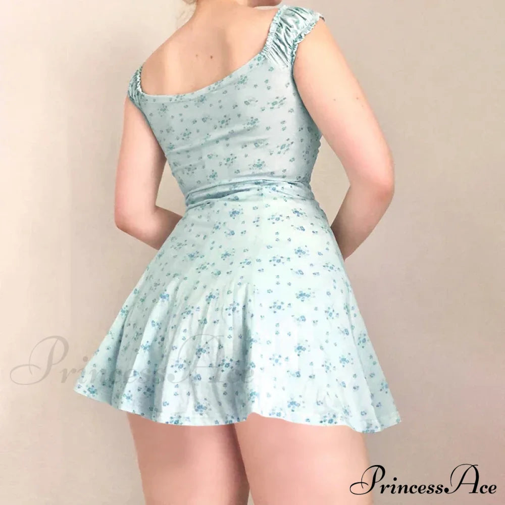 Coquette Y2K Printpatchwork Lace Trim Vintage Square Neck T-Shirts Floral Dress