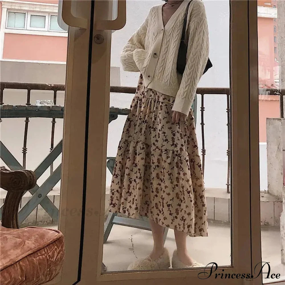 Corduroy High Waist Charming Floral Print Maxi Skirt Skirt