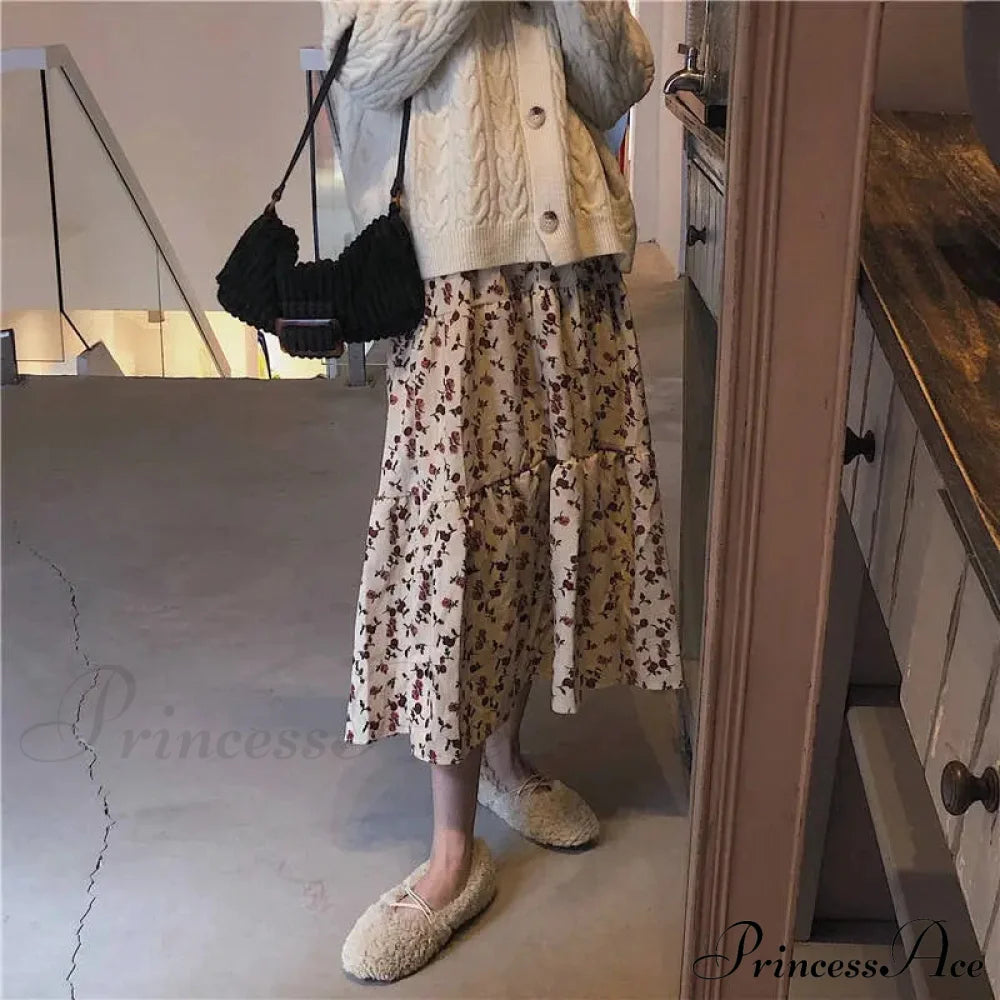 Corduroy High Waist Charming Floral Print Maxi Skirt Skirt