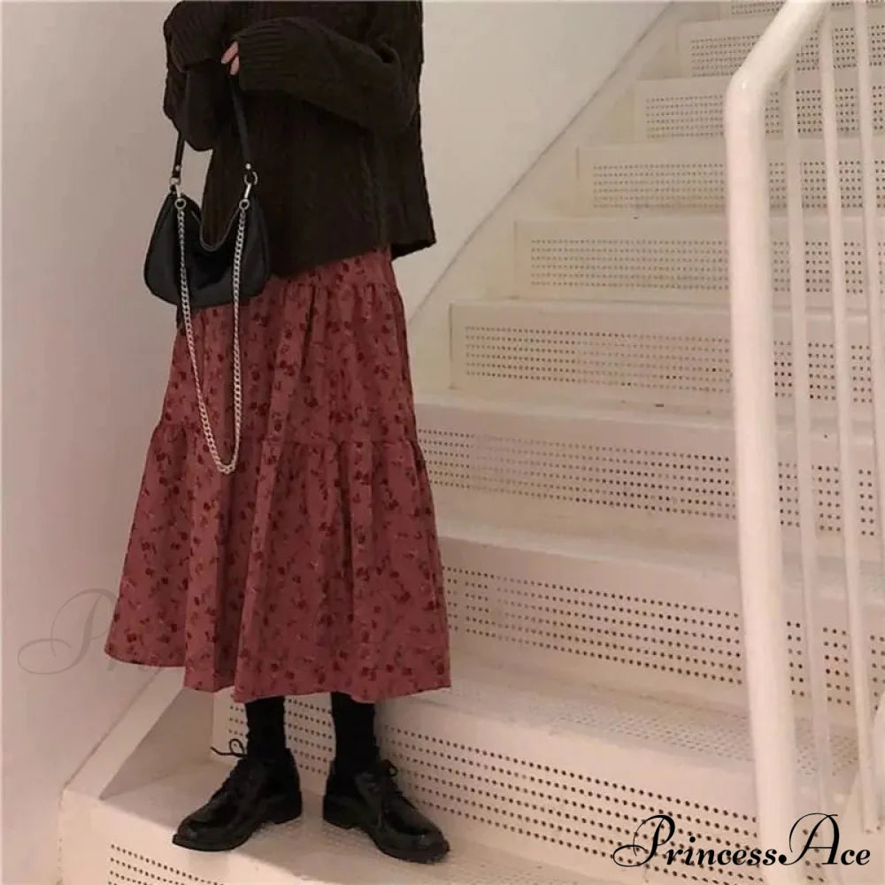 Corduroy High Waist Charming Floral Print Maxi Skirt Skirt