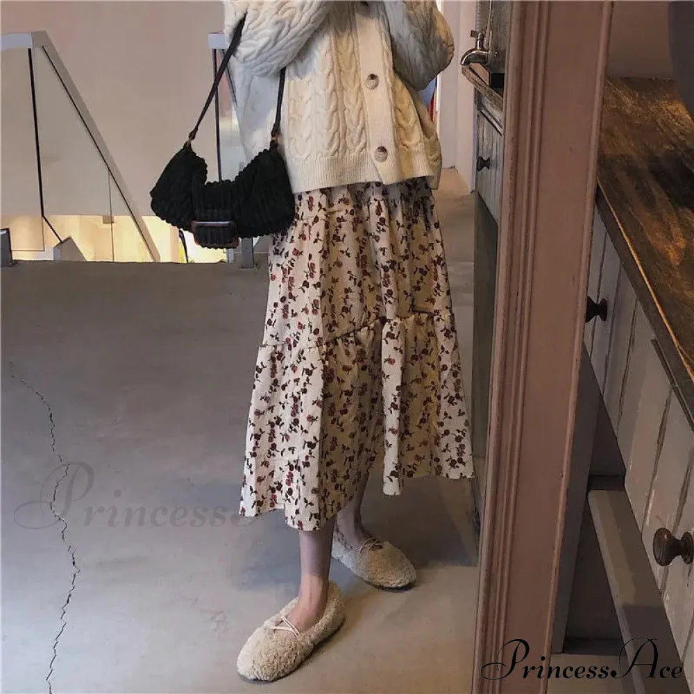 Corduroy High Waist Charming Floral Print Maxi Skirt Skirt