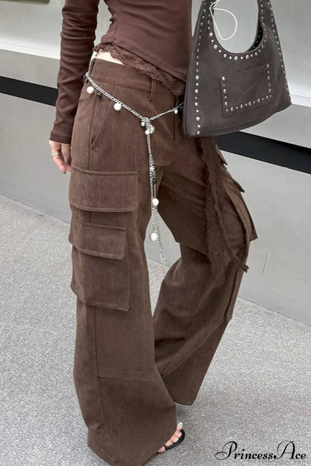 Corduroy Paneled Double Pocket Cargo Pants Brown / S