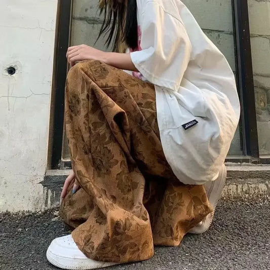 Corduroy Vintage Print High Waist Jogger Pant dark brown / S pant-250223