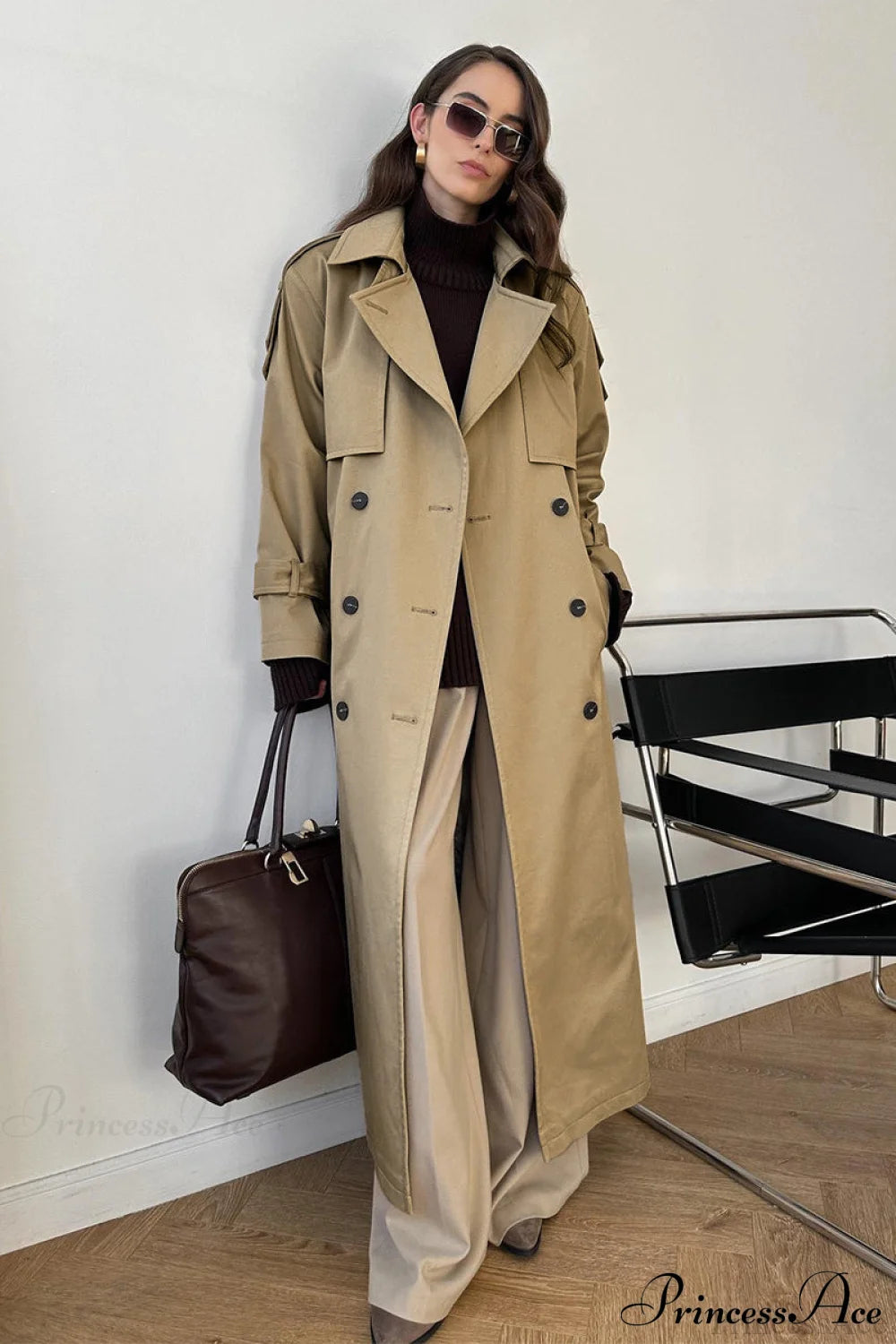 Cotton Belted Oversized Long Trench Overcoat Khaki / S