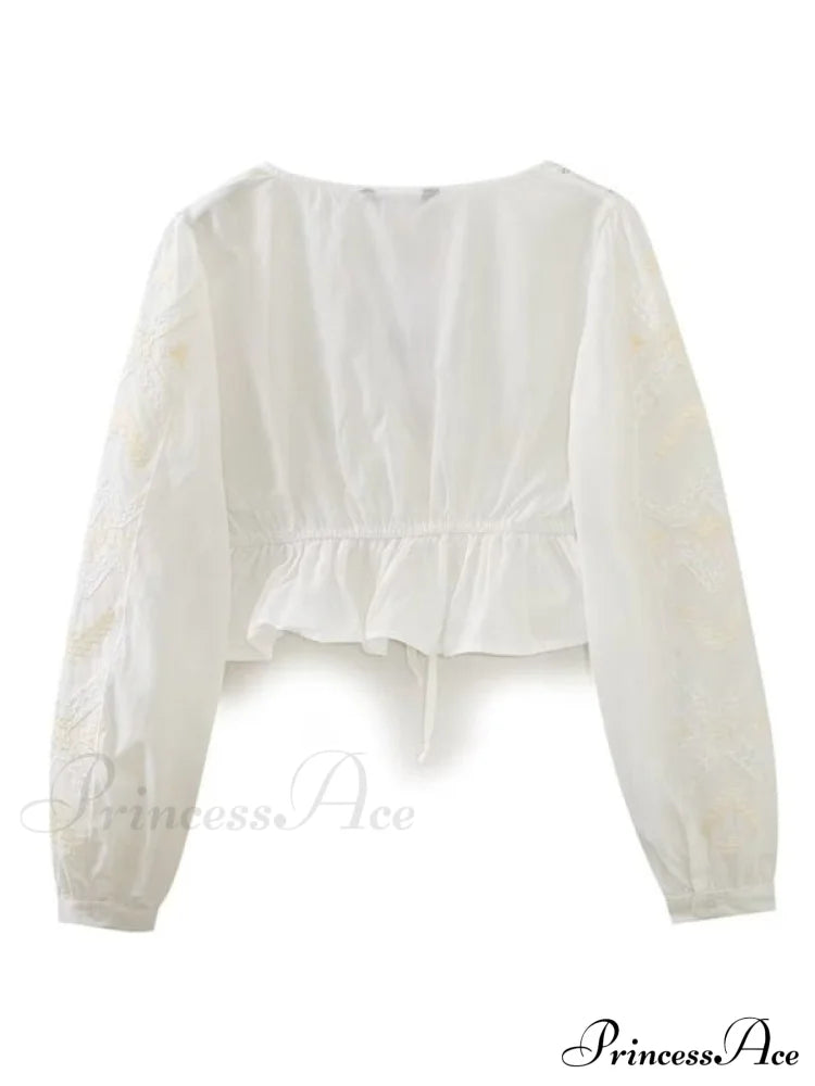 Cotton Embroidered Women’s Crop Arm Drape V-Neck Long Retro Sweet Top