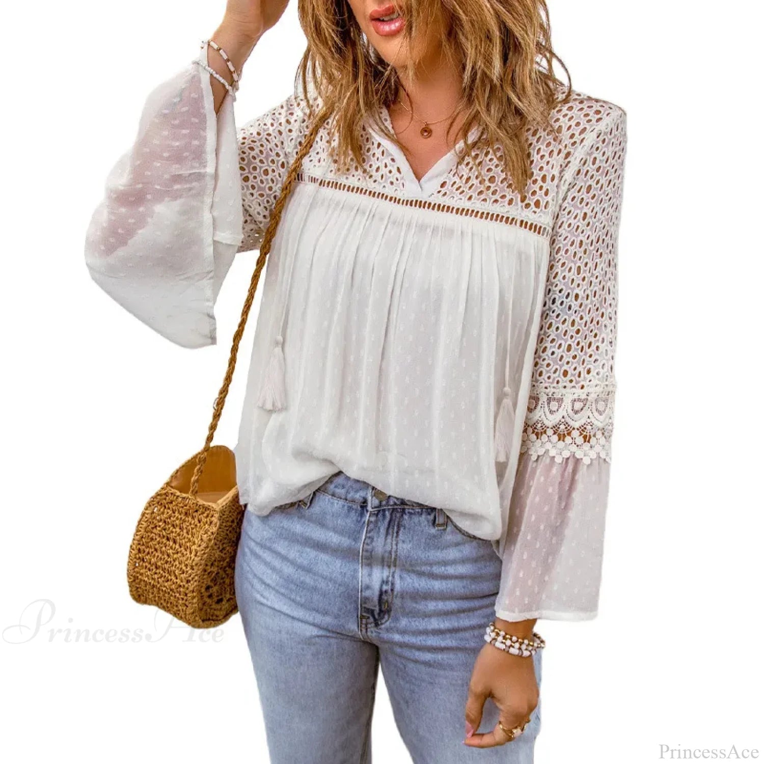 Cotton Embroidery Tassel Splicing Chiffon Boho Blouse bohoblouse-250126