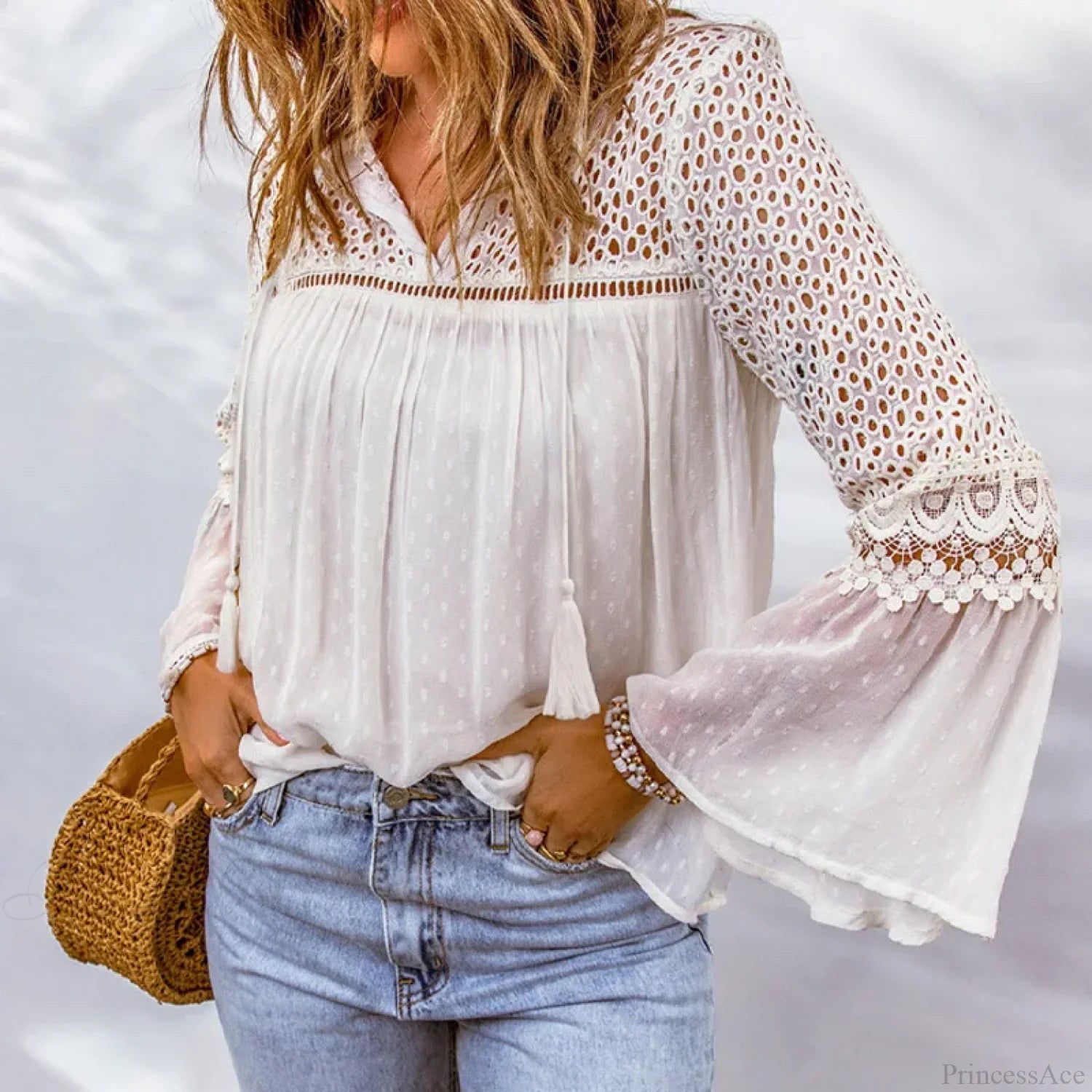 Cotton Embroidery Tassel Splicing Chiffon Boho Blouse Ivory / S bohoblouse-250126