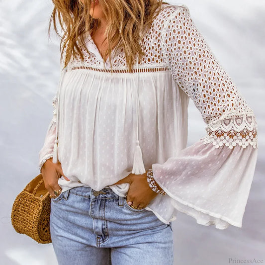 Cotton Embroidery Tassel Splicing Chiffon Boho Blouse Ivory / S bohoblouse-250126