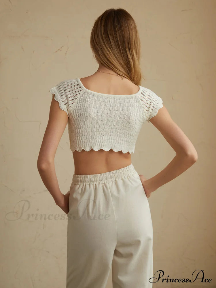 Cotton Eyelet Lettuce Trendy Trim Crop Knit Top Sweaters-L