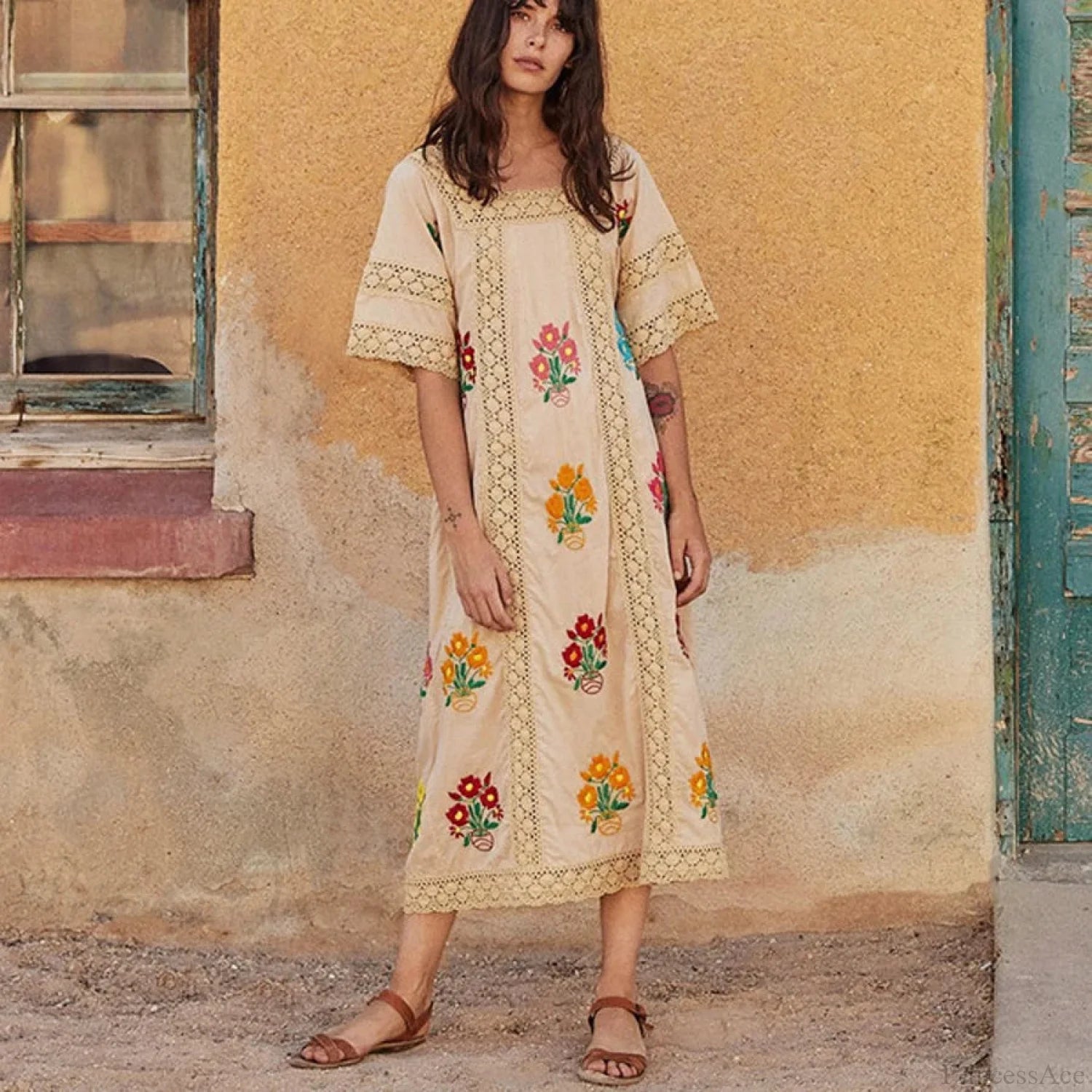 Cotton Floral Embroidery Boho Dress Khaki / S bohodress-250126
