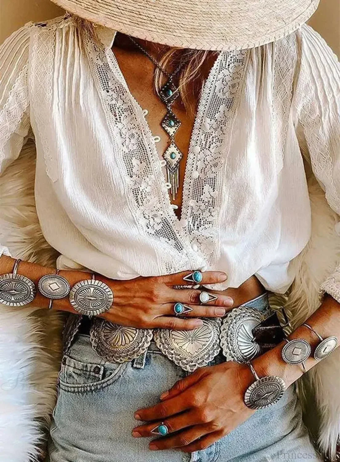 Cotton Floral Embroidery White Lace V-Neck Boho Blouse WHITE1 / S bohoblouse-250126