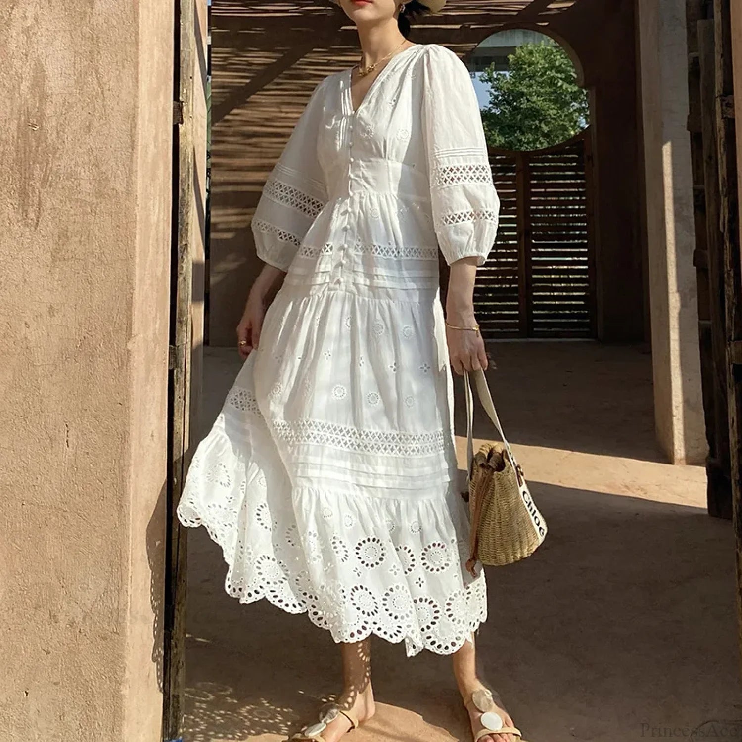 Cotton Floral V-neck Slim Summer Boho Dress bohodress-250126