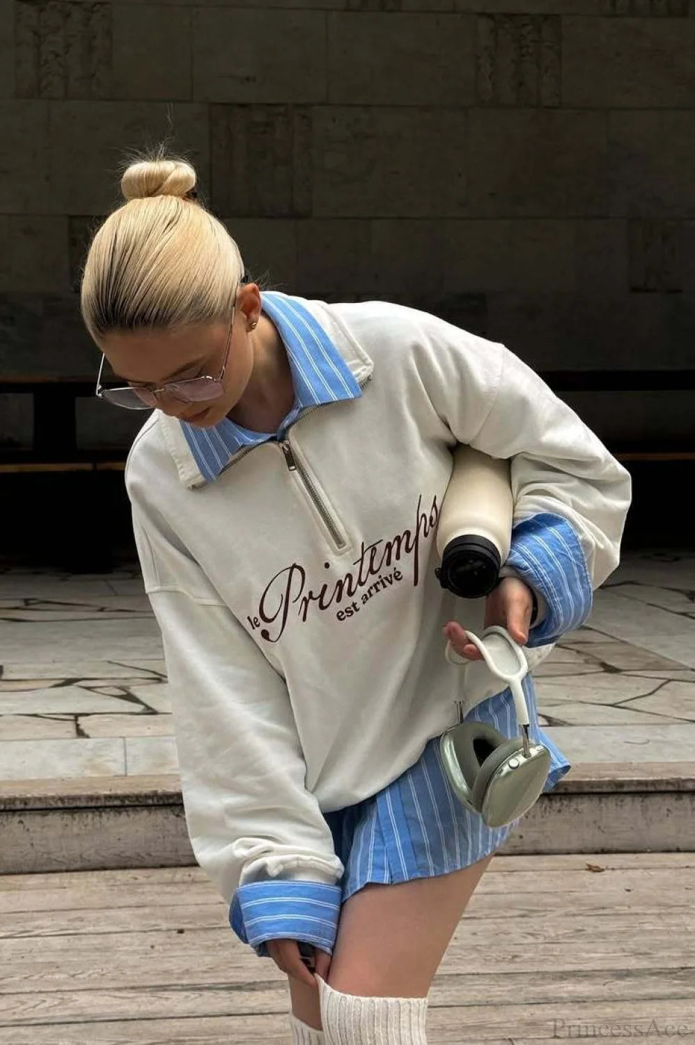 Cotton Letter Print Half-Zip Long Sleeve Sweatshirt White / S