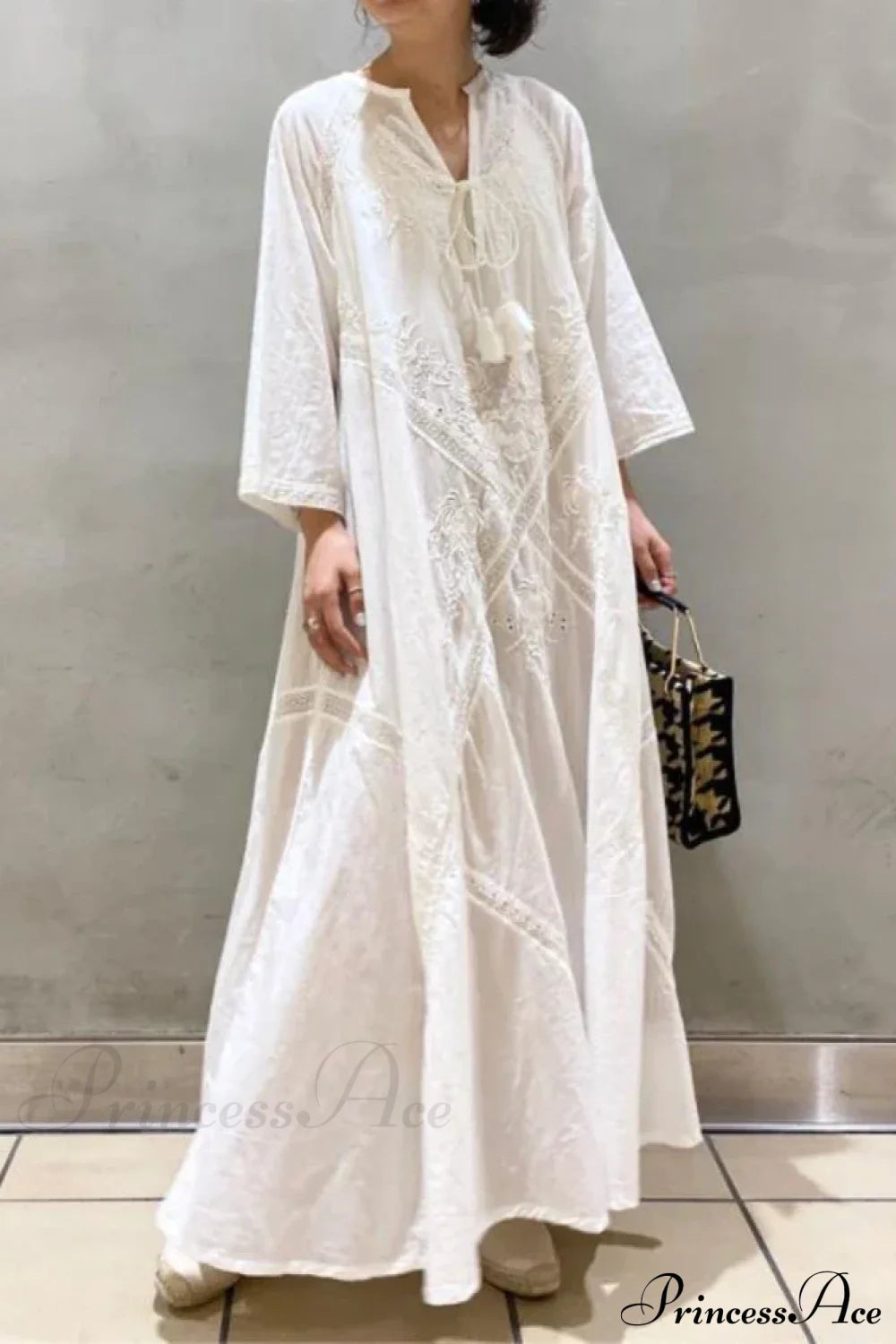 Cotton Linen Beach White V Neck Embroidered Boho Dress