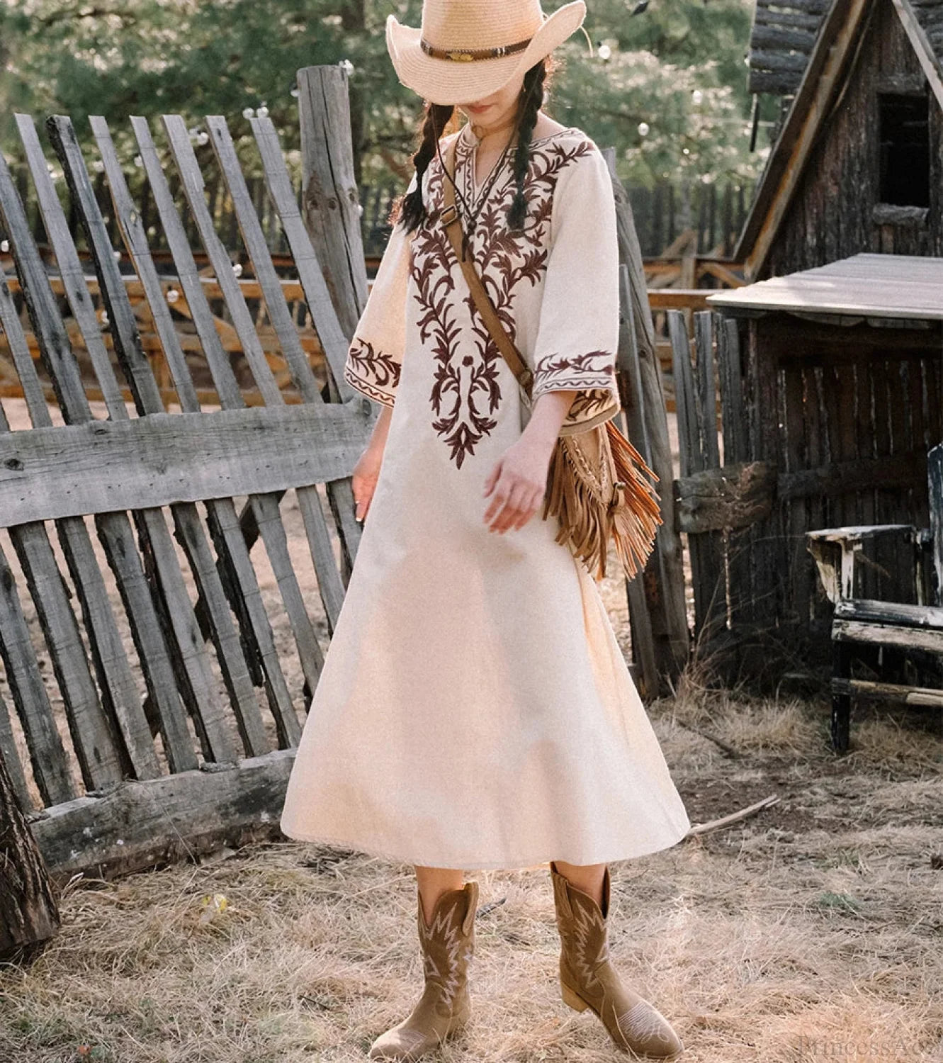 Cotton Linen Floral Boho Dress bohodress-250126