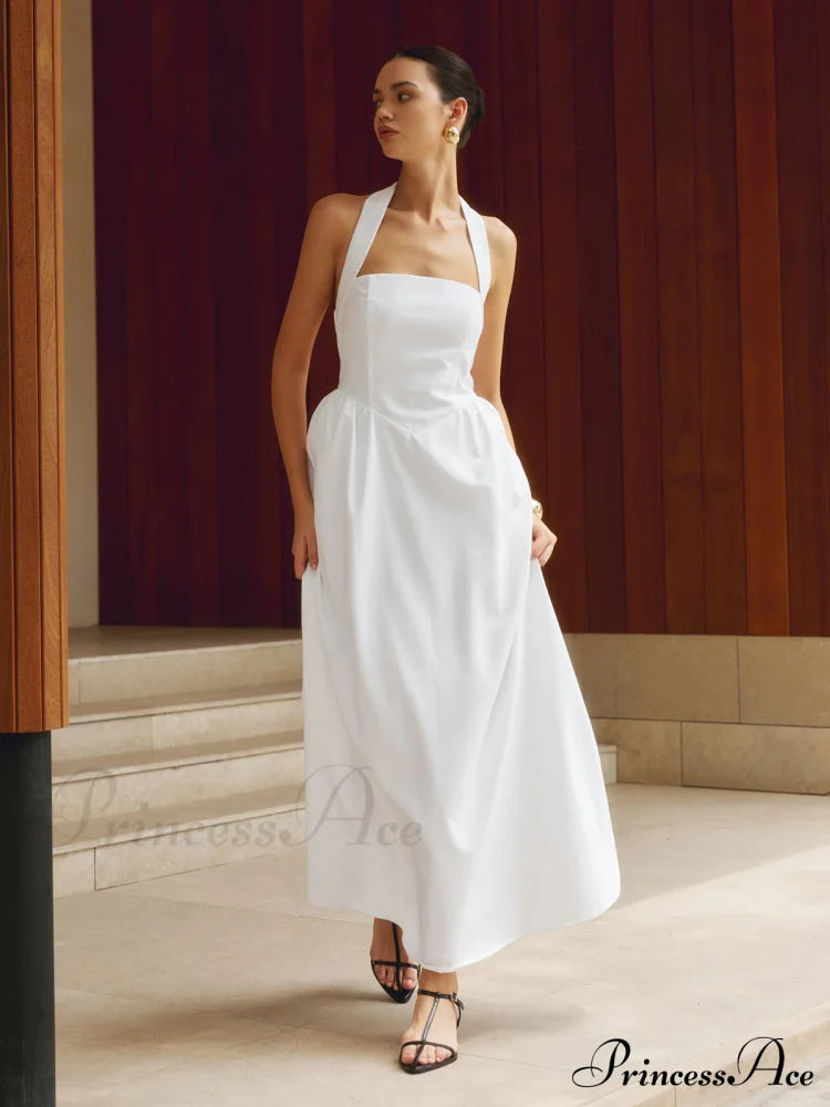 Cotton & Linen Halter Modern A Line Long Dress White / Xs Dresses