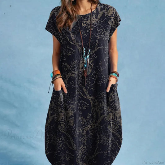 Cotton Linen Loose O-neck Floral Dress Black / S oldfloraldress-250126