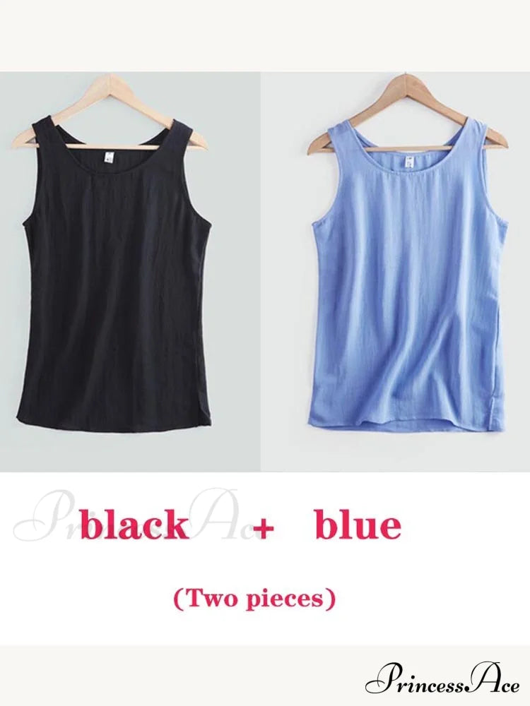 Cotton Linen Sleeveless Tops Black And Blue / S
