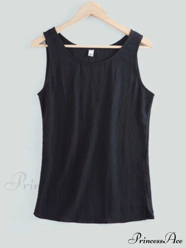 Cotton Linen Sleeveless Tops Black / S