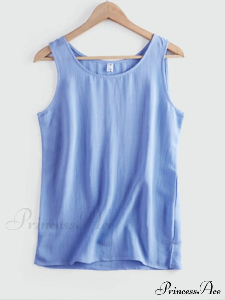 Cotton Linen Sleeveless Tops Blue / S
