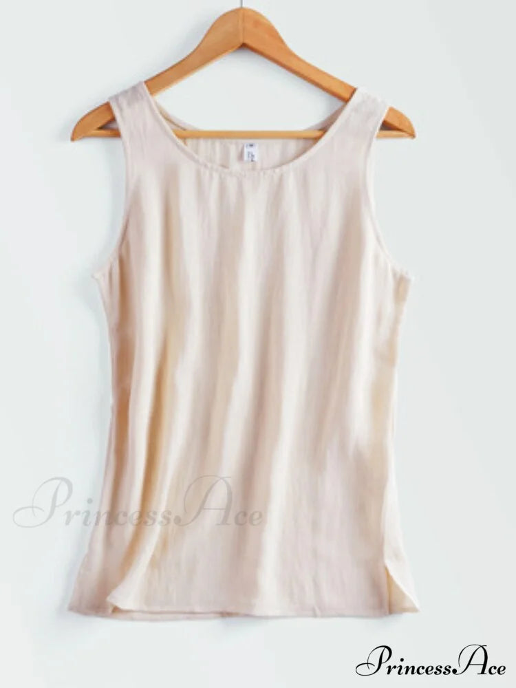 Cotton Linen Sleeveless Tops Khaki / S