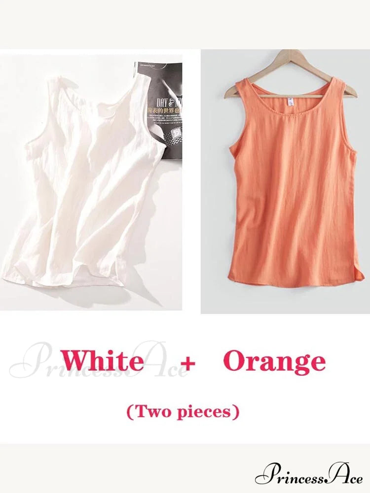 Cotton Linen Sleeveless Tops White And Orange / S