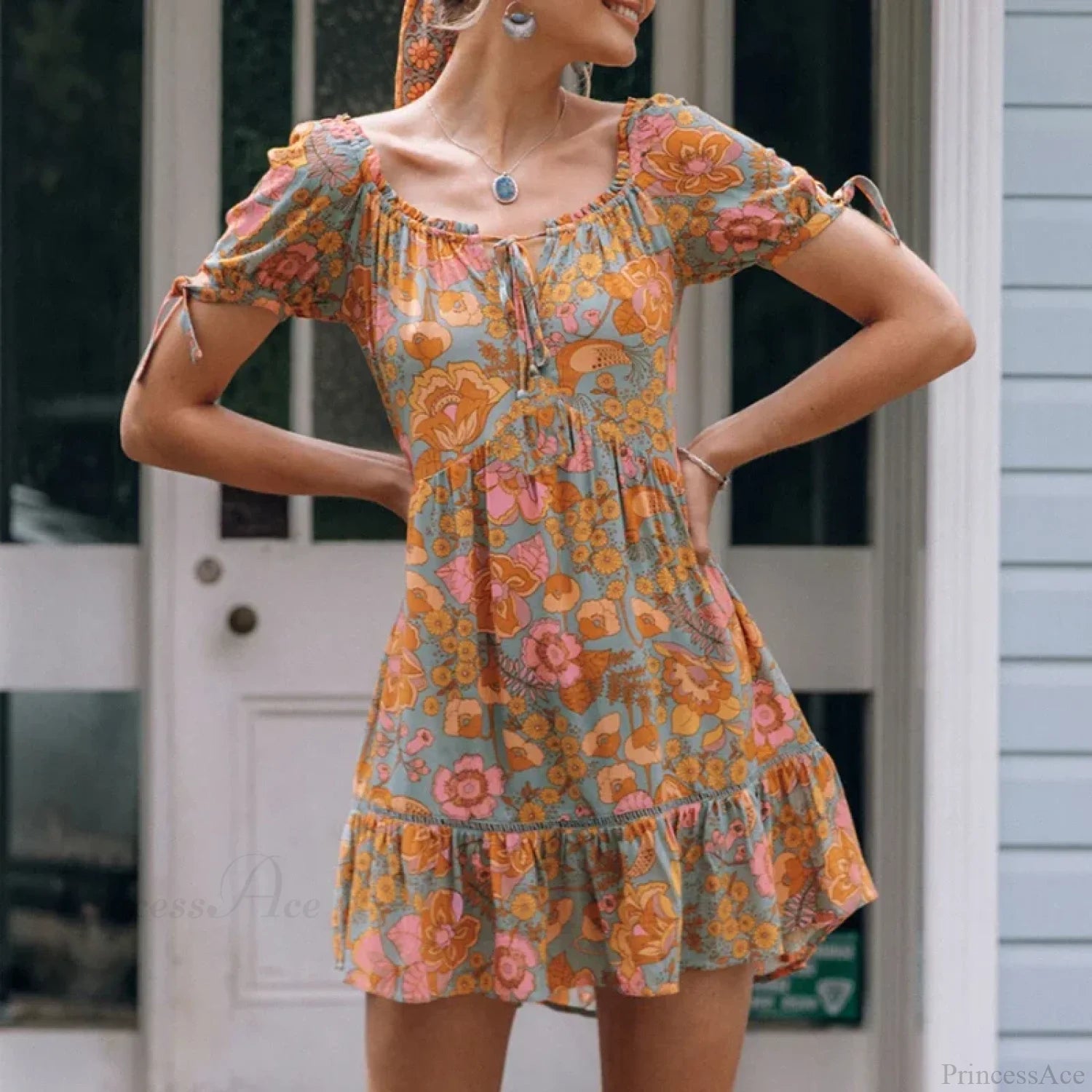 Cotton Orange Floral Boho Dress bohodress-250126