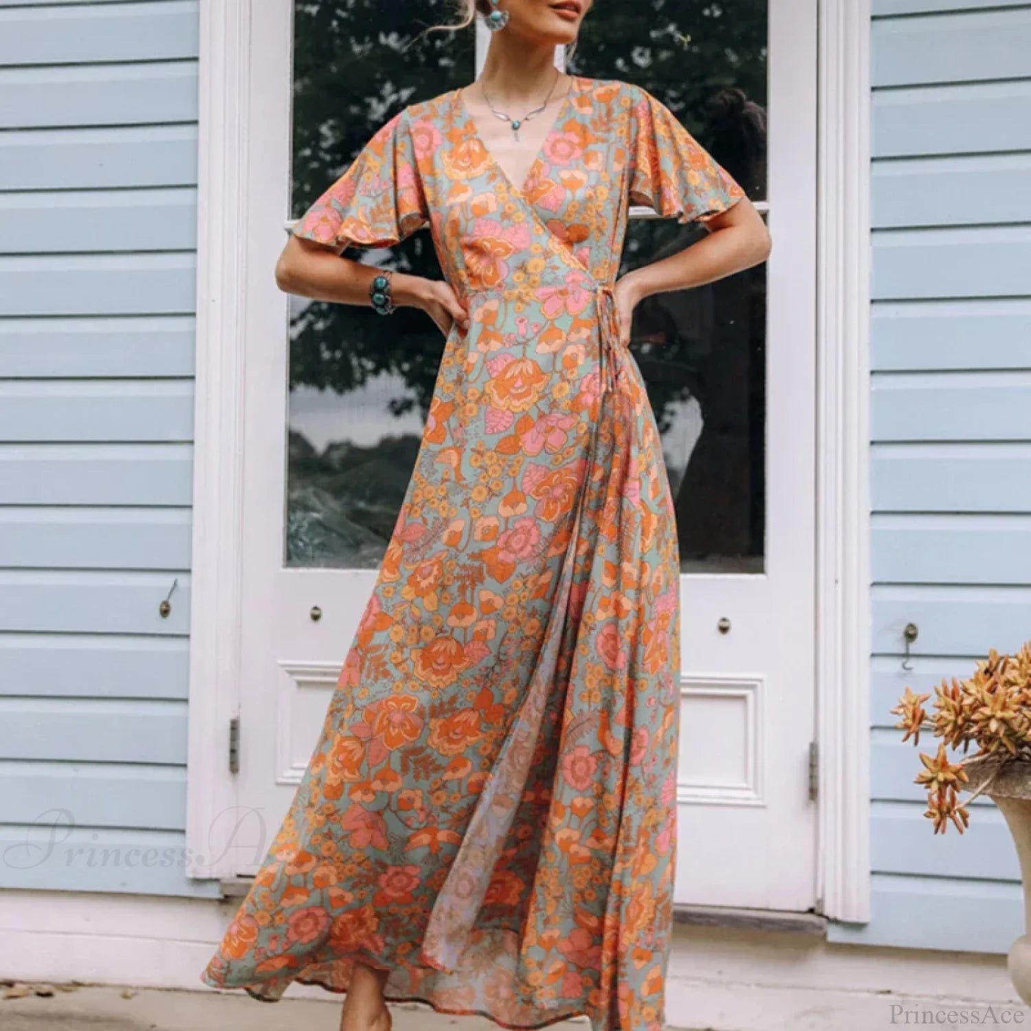 Cotton Orange Floral Boho Dress PINK / S bohodress-250126
