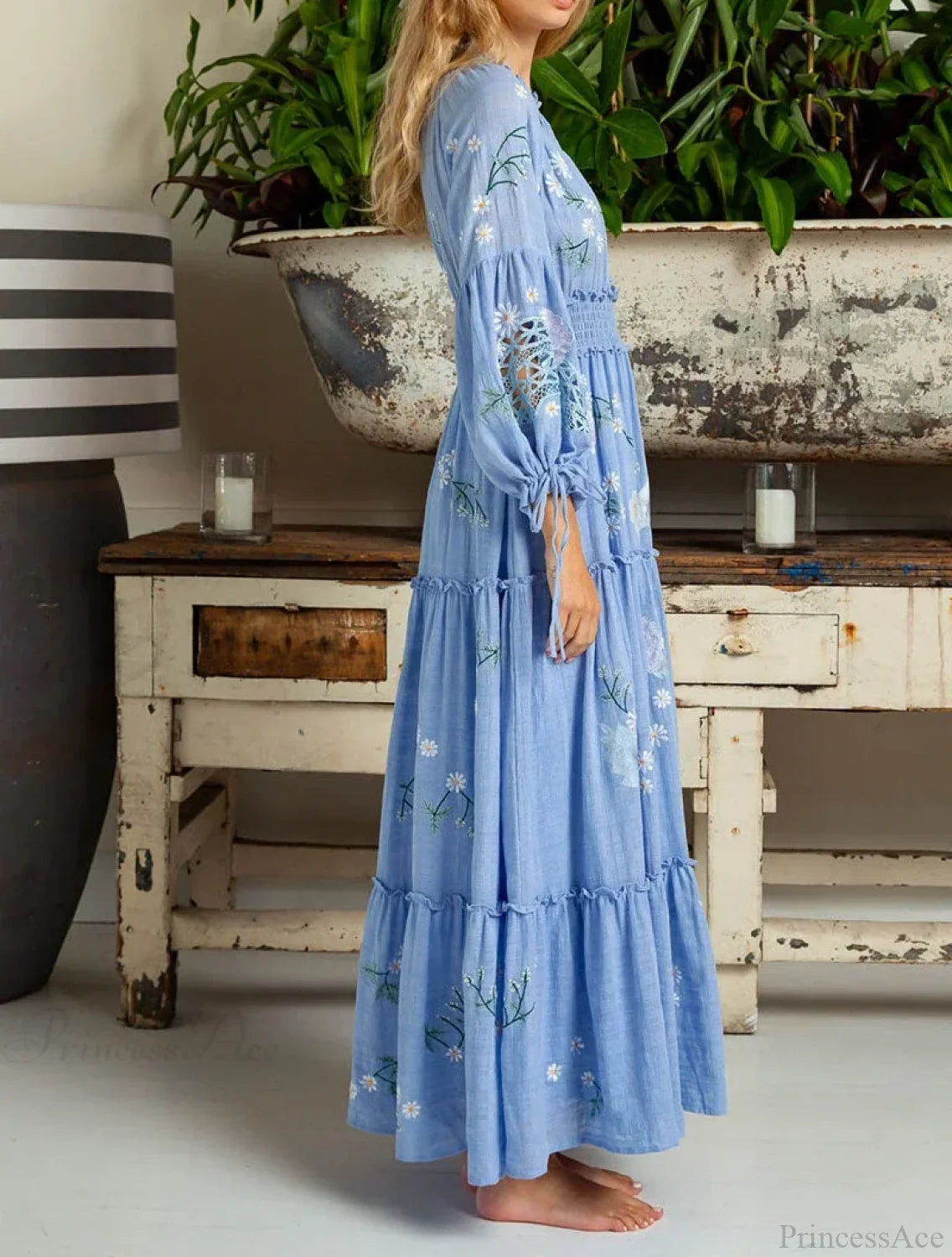 Cotton Rayon Blue Floral Embroidery Boho Dress bohodress-250126