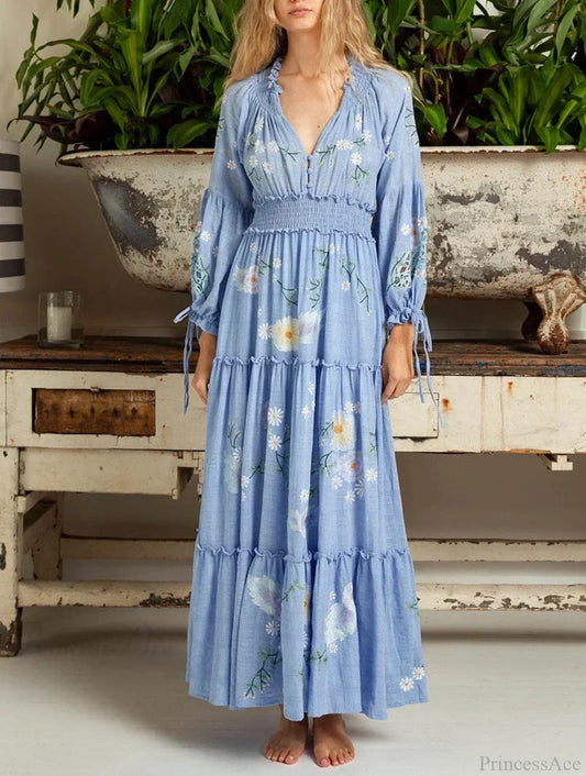Cotton Rayon Blue Floral Embroidery Boho Dress bohodress-250126