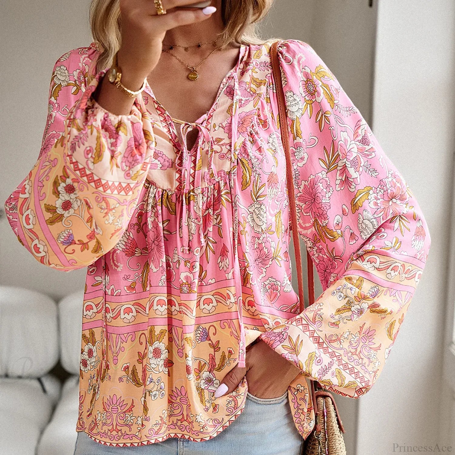 Cotton Rayon Floral Printed Long Sleeve Beach Boho Blouse bohoblouse-250126