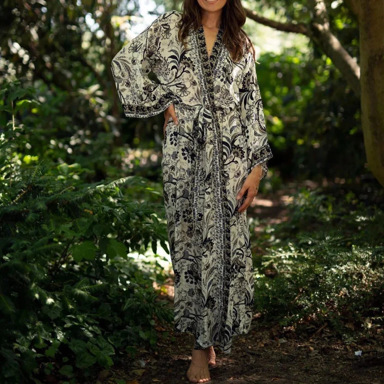 Cotton Rayon Kimono Boho Beach Cover up Loose Dress Black / One Size bohocoverup-250126