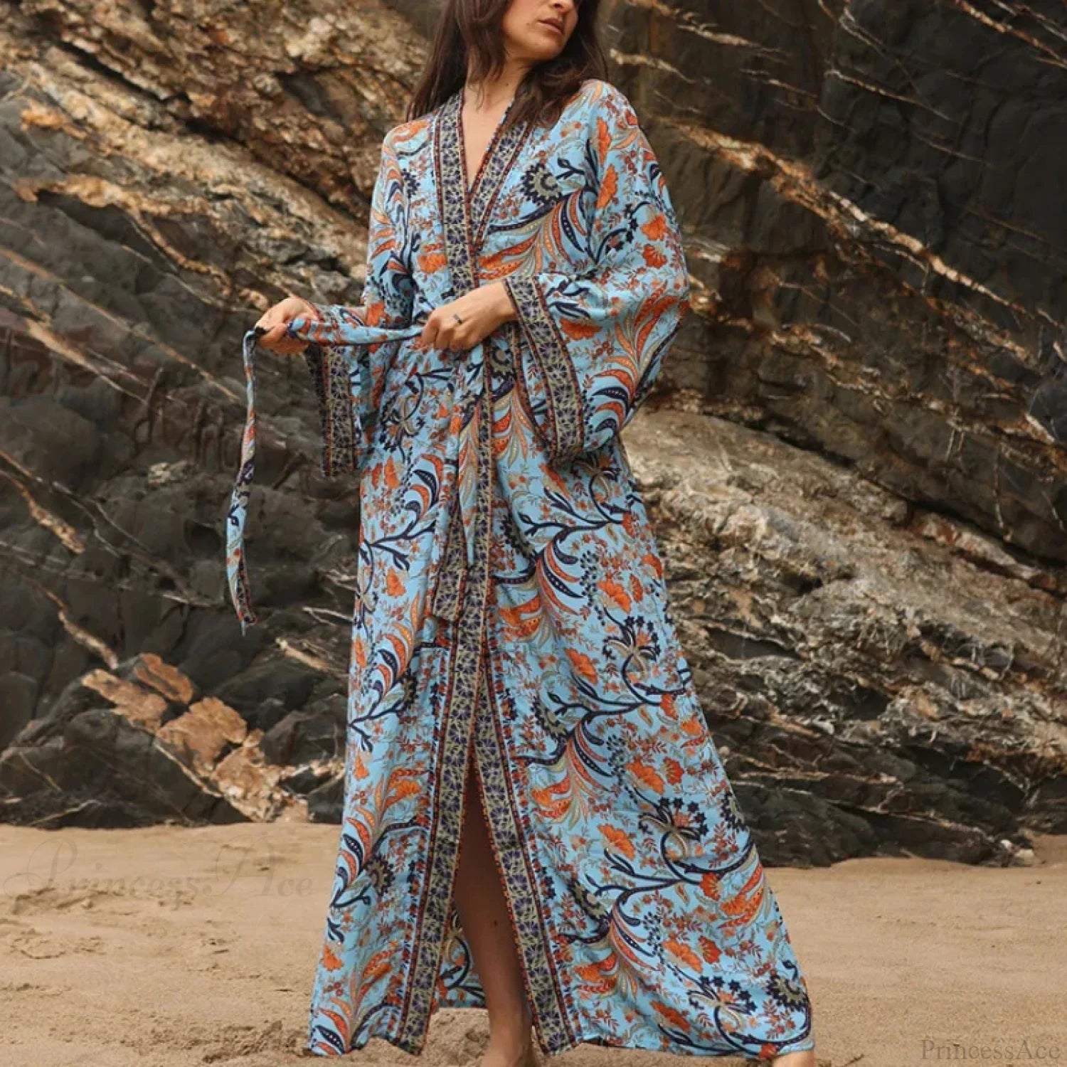 Cotton Rayon Kimono Boho Beach Cover up Loose Dress bohocoverup-250126