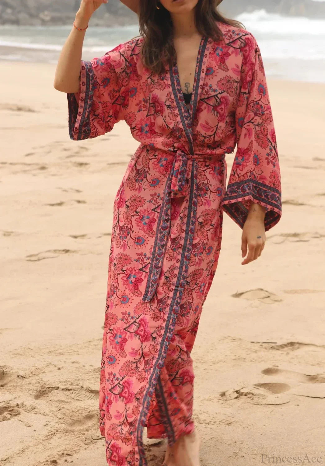 Cotton Rayon Kimono Boho Beach Cover up Loose Dress Red / One Size bohocoverup-250126