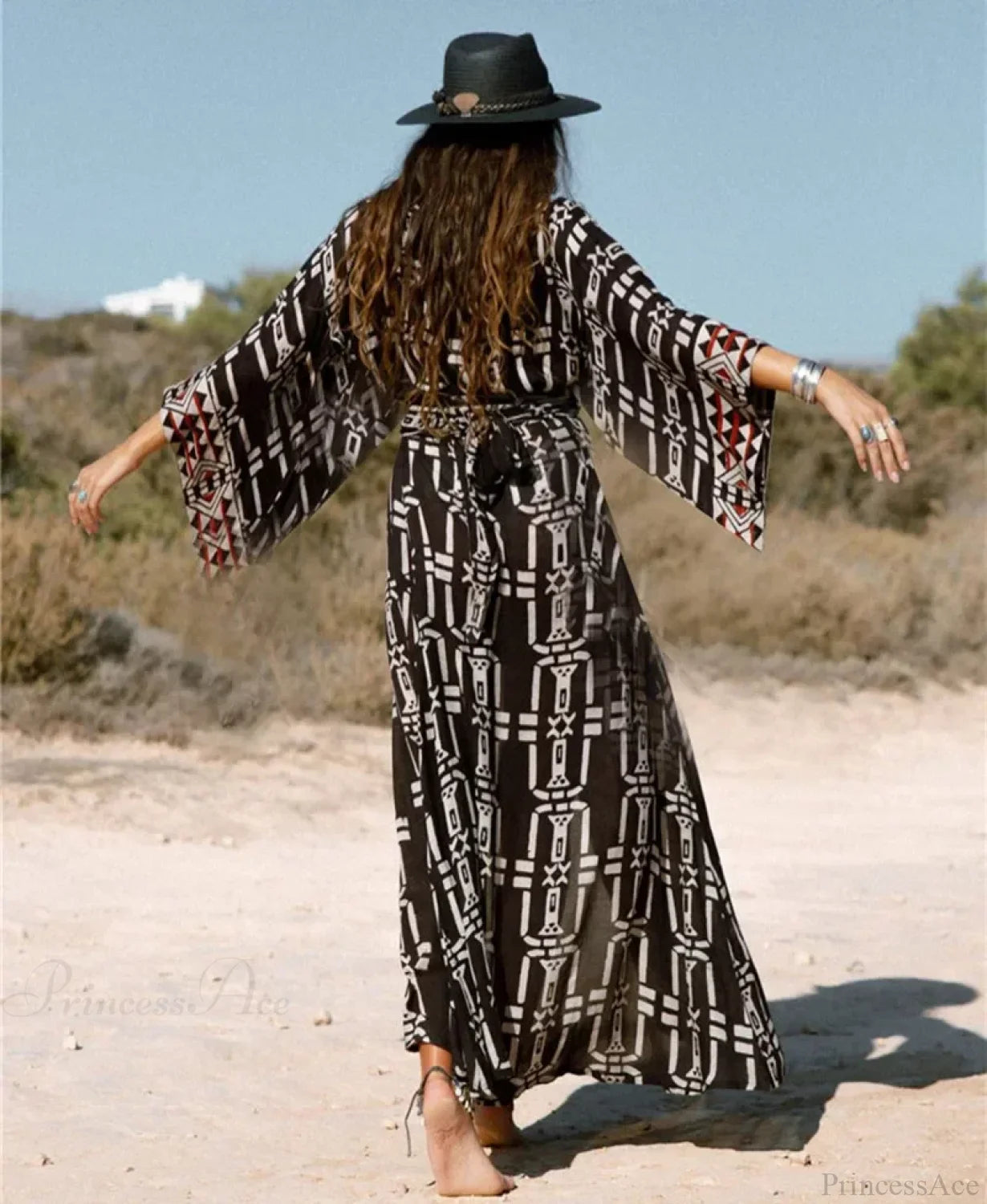 Cotton Rayon Kimono Robe Bikini Cover-up Dark Brown / One Size bohodress-250126