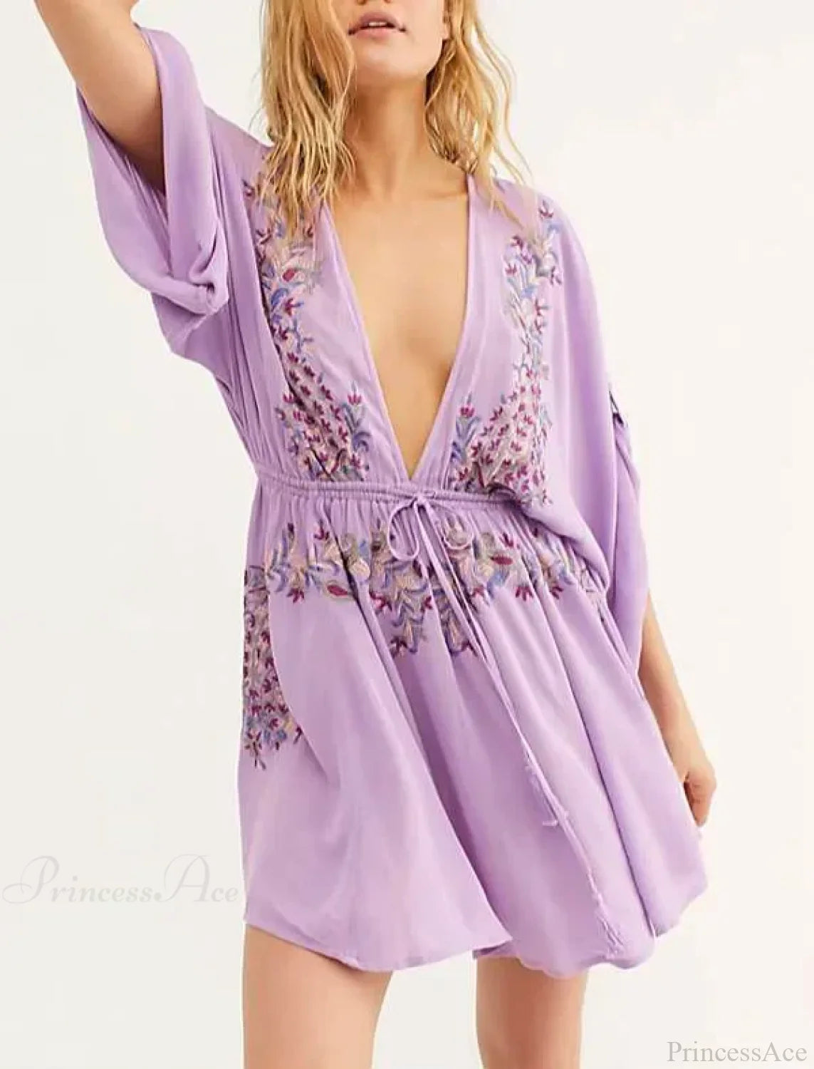Cotton Rayon Purple Floral Embroidery Boho Dress bohodress-250126