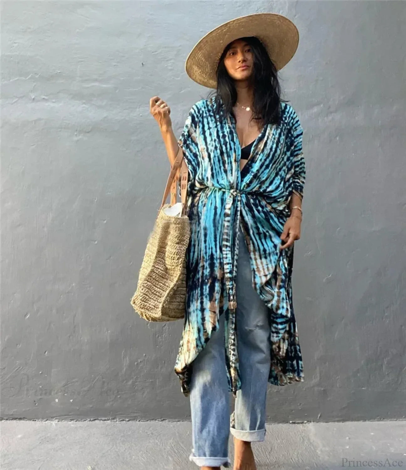 Cotton Rayon Striped Print Cardigan Boho Beach Cover up Blue Grey / One Size bohocoverup-250126