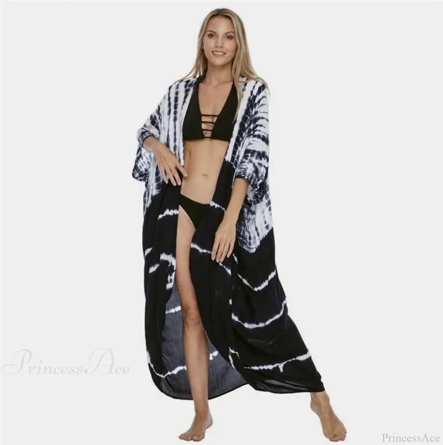 Cotton Rayon Striped Print Cardigan Boho Beach Cover up Blue white / One Size bohocoverup-250126